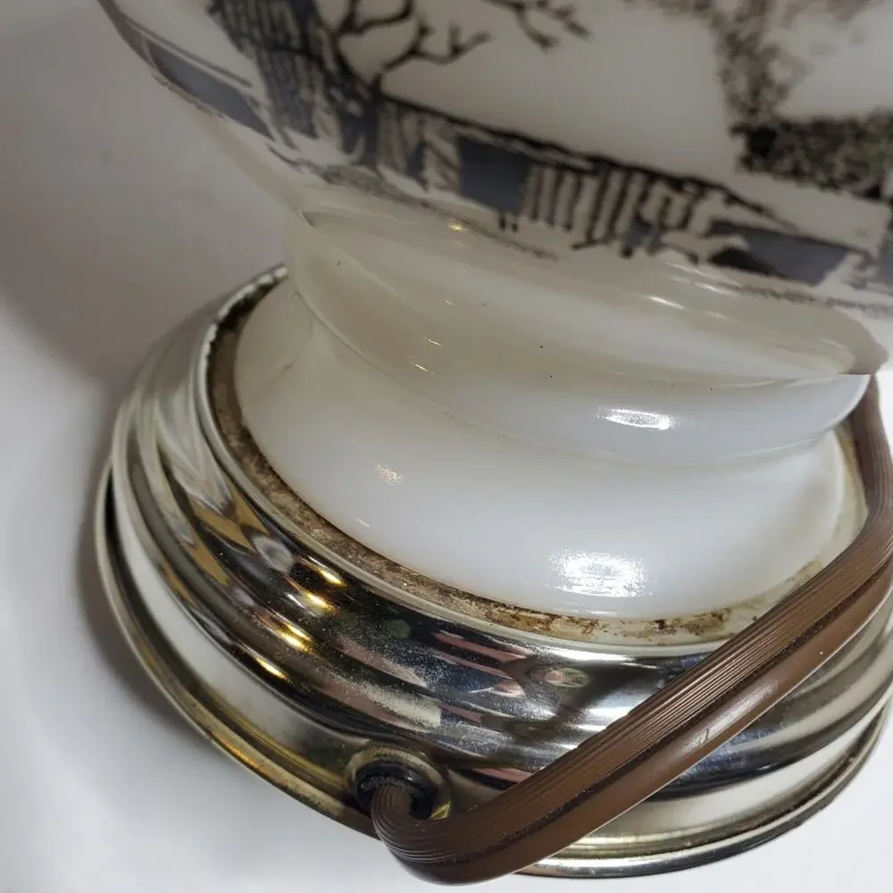MILK GLASS LAMP by Currier and Ives, electrified and oil burning too, Farmhouse